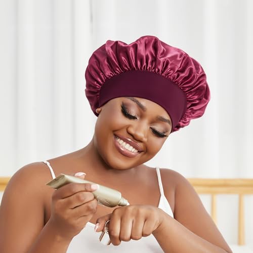 Silk Bonnet Satin Hair Bonnet for Sleeping Women Men Night Cap Sleep Bonnet Hat Hair Cap 3 Pack with Wide Band for Curly Hair(Black+Burgundy+Beige)