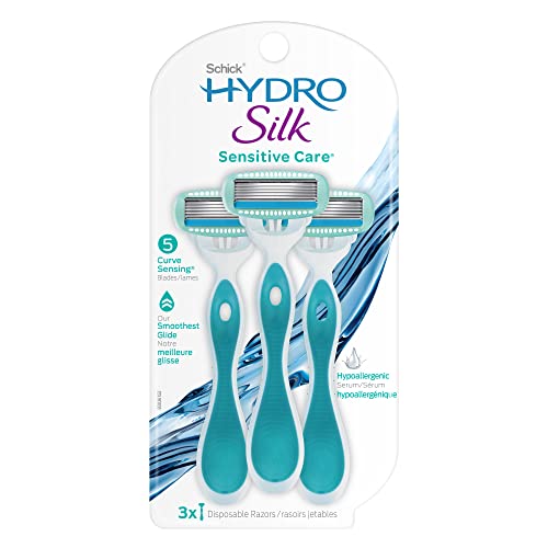 Schick Hydro Silk Sensitive Women's Disposable Razors, 3ct | 5-Blade Disposable Razors for Women Sensitive Skin | Travel Razor for Women