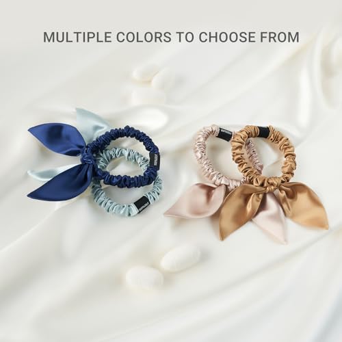 THXSILK Hair Silk Scrunchies with Bow for Women Pure Mulberry Silk Hair Cute Ring Ties Scrunchies for Girls Women's Thick Hair, Black, 2.8"