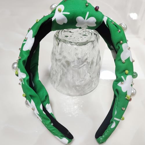 SHESRA St. Patrick Hair Bands Floral Fabric Pearls Glass Rhinestones Headband Women's Saint Patrick's Party Hair Hoop Accessories Headwear Jewelry Gifts 50(Green White)