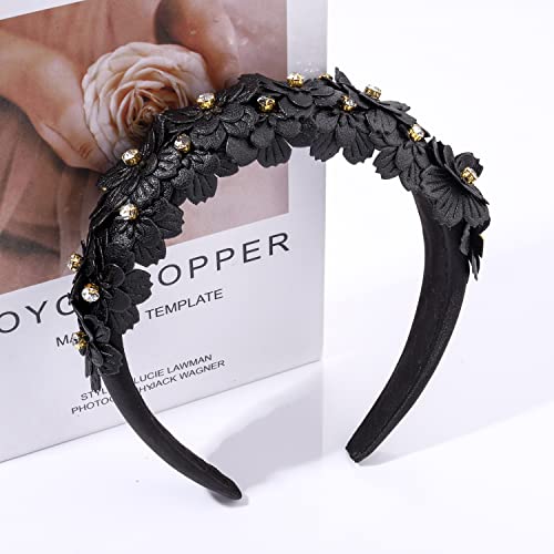 Padded Flower Crystal Headbands Leather Floral Hairband Rhinestone Embellished Wide Hair Hoop Solid Color Daisy Flower Hair Band Accessories for Women Girls Wedding Birthday Party