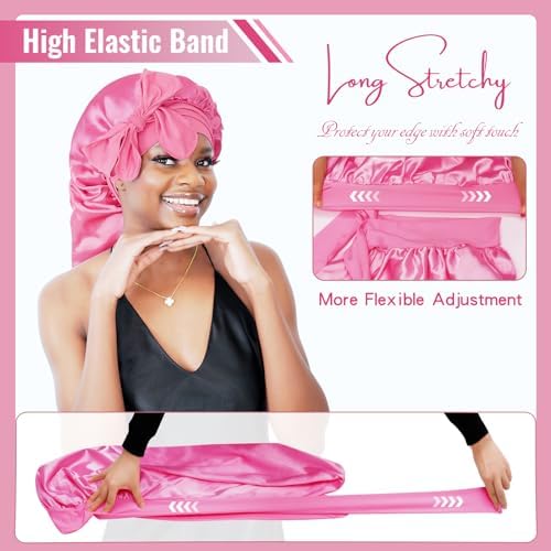 BONNET QUEEN Braid Bonnet Silk Bonnet Foldable Extra Long Bonnet for Braids Satin Bonnet for Sleeping Hair Bonnet with Tie Band Long Sleep Cap Hot Pink