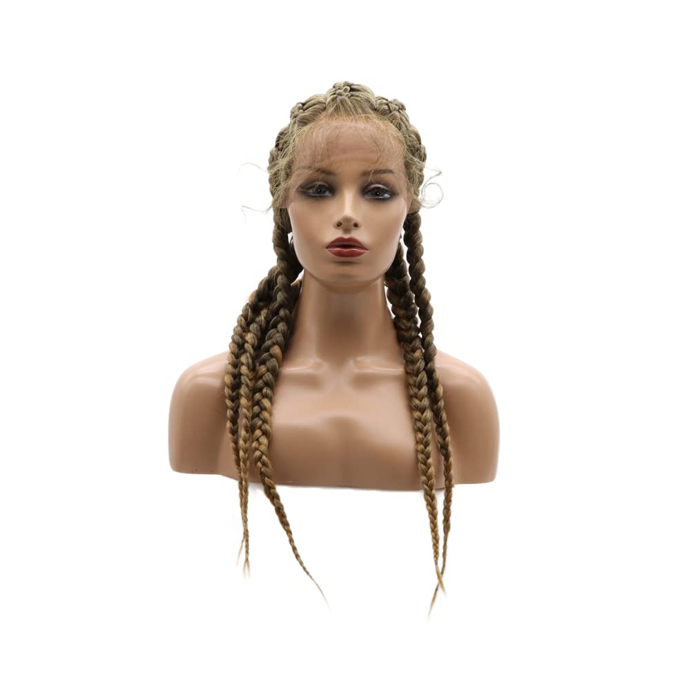 Kalisa Brown Mix Blonde 5 Twist Lace Front Braid Wig Mix Color with Baby Hair Synthetic Wigs Hand Tied Heat Resistant Fiber 5 Braided Daily Wigs for Women 24 Inch