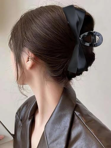 WOVOWOVO Black Bow Hair Clips, 2Pcs Bow-knot Hair Bows for Women Girls Large Claw Clips for Thick Thin Curly Hair Non-slip Satin Hair Bow Clips Elegant Hair Styling Accessories