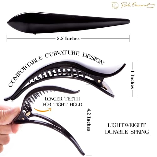 RC ROCHE ORNAMENT 6 Pcs Womens Hair Clip Professional Styling Sectioning Inner Teeth Curve Durable Alligator Duck Bill Jaw Strong Secure Grip Salon Fashion, Medium Black