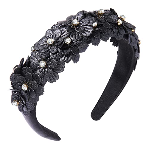 Padded Flower Crystal Headbands Leather Floral Hairband Rhinestone Embellished Wide Hair Hoop Solid Color Daisy Flower Hair Band Accessories for Women Girls Wedding Birthday Party