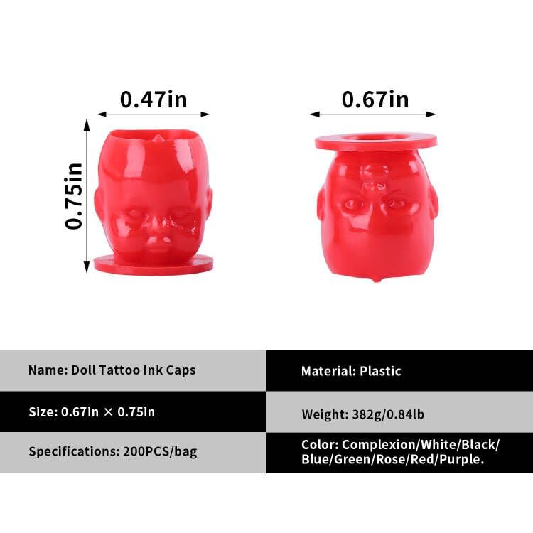 Peslief 200PCS Tattoo Ink Caps Disposable Plastic Doll Tattoo Ink Cups with Base Pigment Caps Ink Cups for Tattooing Permanent Makeup Container for Tattoo Ink Tattoo Supplies - Red