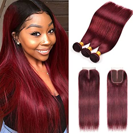 Straight Hair 8A Brazilian Virgin Hair 99j Burgundy Straight Hair 100% Unprocessed Human Hair Weaves 3 Bundles with Lace Closure 4x4 Free Part Red Wine Color Weft Weaves 12 14 16 with 12C,burgundy…