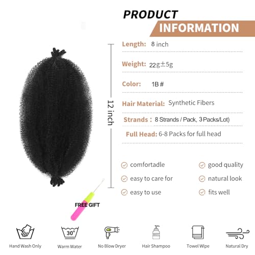 3 Packs Pre-Separated Springy Afro Twist Hair 8 Inch 1B Spring Twist Hair Kinky Twist Crochet Hair for Black Women (1B#, 8 Inch(Pack of 3))