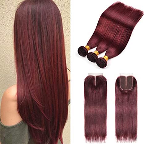 Straight Hair 8A Brazilian Virgin Hair 99j Burgundy Straight Hair 100% Unprocessed Human Hair Weaves 3 Bundles with Lace Closure 4x4 Free Part Red Wine Color Weft Weaves 12 14 16 with 12C,burgundy…