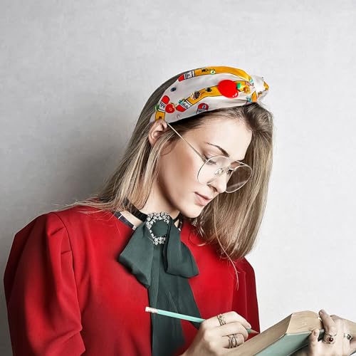 Teacher Headbands for Women Rhinestone Knotted Headband with Pencil Apple Charms Sparkle Pearl Crystal Hairband Top Knot Hair Accessories for Back To School Outfits Teacher Appreciation Gifts 1PCS