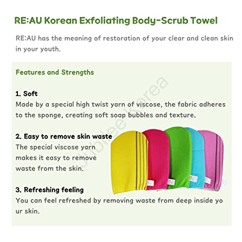 RE:AU Korean Asian Exfoliating Body Scrub Glove Towel Washcloth/Korean Bath Shower Sponge 3 pieces (7 inch x 4.7 inch) (BLUE 3PCS)