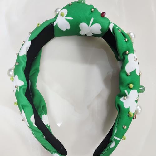 SHESRA St. Patrick Hair Bands Floral Fabric Pearls Glass Rhinestones Headband Women's Saint Patrick's Party Hair Hoop Accessories Headwear Jewelry Gifts 50(Green White)