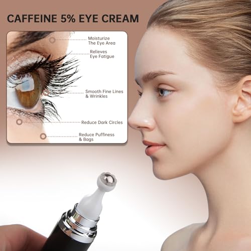 Caffeine Eye Cream for Puffiness & Dark Circles, Under Eye Cream for Puffy Eyes, Eye Bags & Wrinkles, 1 PCS Anti Aging Eye Serum with Under Eye Roller, Reduces Fine Lines & Moisturize Skin.