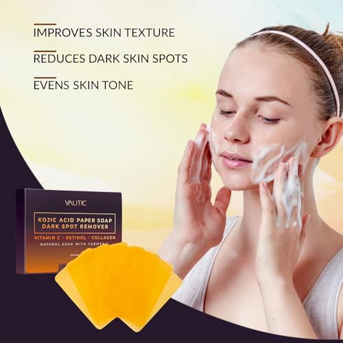 VALITIC Kojic Acid Dark Spot Corrector Paper Soap - Travel Size - 100 Portable and Dissolvable Soap Sheets -with Vitamin C, Retinol, Collagen and Turmeric - 2 Pack