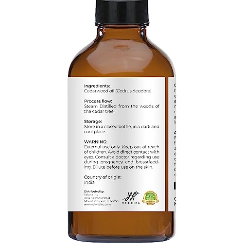 velona Cedarwood Essential Oil 4 Fl Oz | Therapeutic Grade 100% Pure and Natural | for Aromatherapy Diffuser, Massage, Skincare, Haircare, Soapmaking
