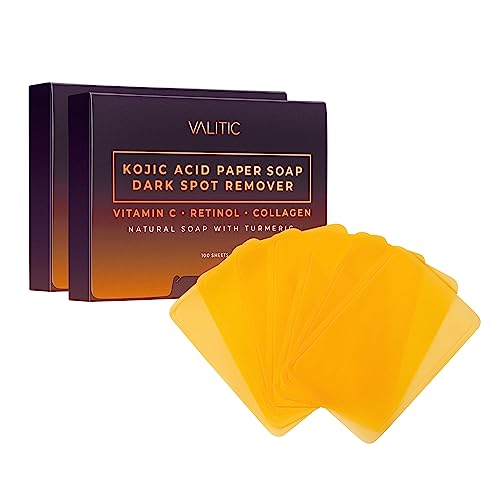 VALITIC Kojic Acid Dark Spot Corrector Paper Soap - Travel Size - 100 Portable and Dissolvable Soap Sheets -with Vitamin C, Retinol, Collagen and Turmeric - 2 Pack