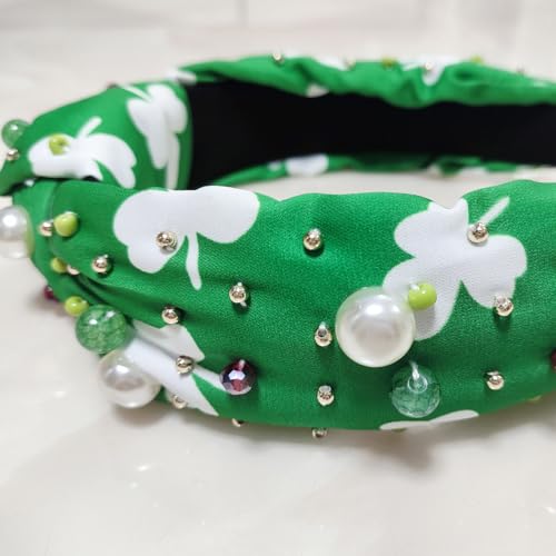 SHESRA St. Patrick Hair Bands Floral Fabric Pearls Glass Rhinestones Headband Women's Saint Patrick's Party Hair Hoop Accessories Headwear Jewelry Gifts 50(Green White)
