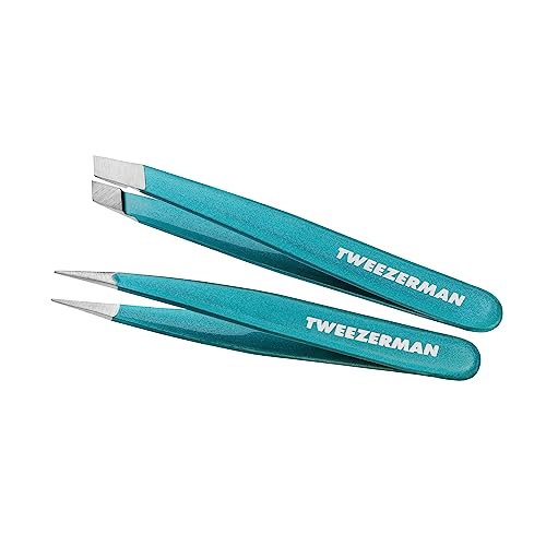 Tweezerman Majestic Turquoise Micro Mini Slant & Point Tweezer Set - Eyebrow Tweezers for Women and Men