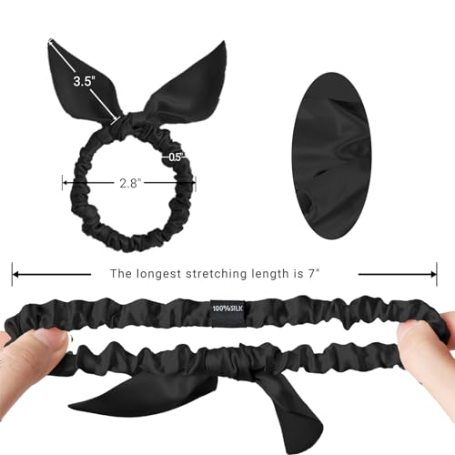 THXSILK Hair Silk Scrunchies with Bow for Women Pure Mulberry Silk Hair Cute Ring Ties Scrunchies for Girls Women's Thick Hair, Black, 2.8"