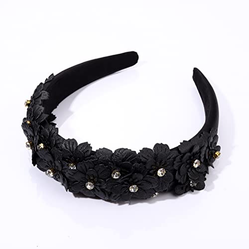 Padded Flower Crystal Headbands Leather Floral Hairband Rhinestone Embellished Wide Hair Hoop Solid Color Daisy Flower Hair Band Accessories for Women Girls Wedding Birthday Party
