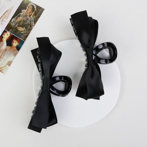 WOVOWOVO Black Bow Hair Clips, 2Pcs Bow-knot Hair Bows for Women Girls Large Claw Clips for Thick Thin Curly Hair Non-slip Satin Hair Bow Clips Elegant Hair Styling Accessories