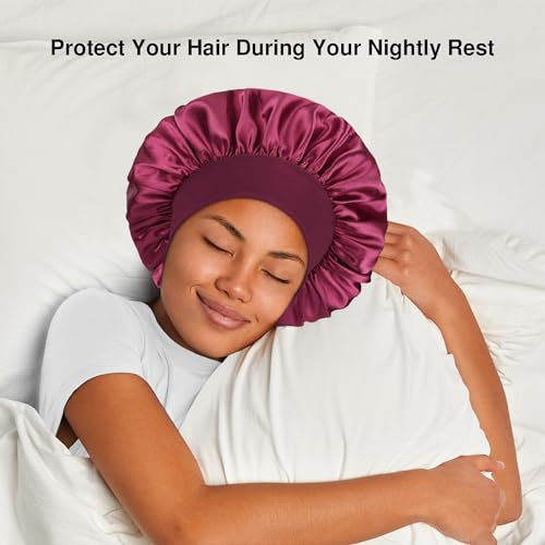 Silk Bonnet Satin Hair Bonnet for Sleeping Women Men Night Cap Sleep Bonnet Hat Hair Cap 3 Pack with Wide Band for Curly Hair(Black+Burgundy+Beige)