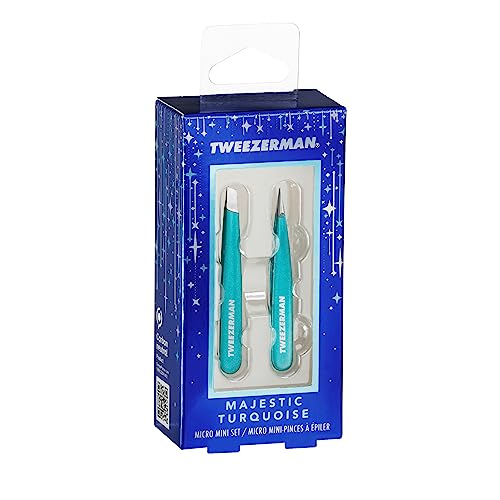 Tweezerman Majestic Turquoise Micro Mini Slant & Point Tweezer Set - Eyebrow Tweezers for Women and Men
