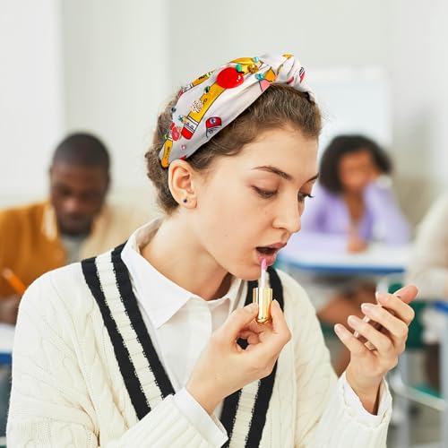 Teacher Headbands for Women Rhinestone Knotted Headband with Pencil Apple Charms Sparkle Pearl Crystal Hairband Top Knot Hair Accessories for Back To School Outfits Teacher Appreciation Gifts 1PCS