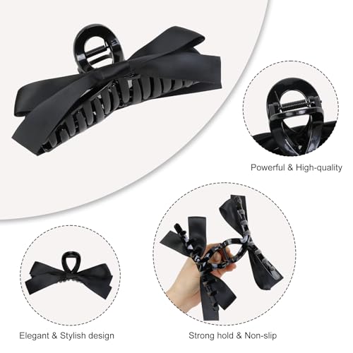 WOVOWOVO Black Bow Hair Clips, 2Pcs Bow-knot Hair Bows for Women Girls Large Claw Clips for Thick Thin Curly Hair Non-slip Satin Hair Bow Clips Elegant Hair Styling Accessories
