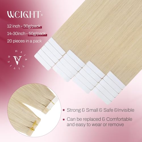 Vivien Tape in Hair Extensions Human Hair 22 Inch Blonde Human Hair Tape in Extensions Bleach Blonde #613 Tape in Hair Extensions Real Human Hair Double Sided Tape for Skin Weft 20pcs 50g
