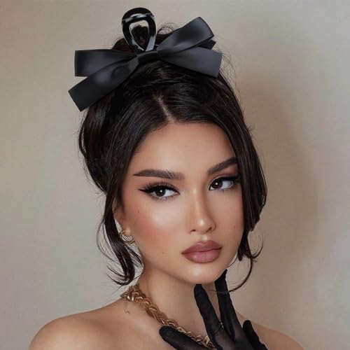 WOVOWOVO Black Bow Hair Clips, 2Pcs Bow-knot Hair Bows for Women Girls Large Claw Clips for Thick Thin Curly Hair Non-slip Satin Hair Bow Clips Elegant Hair Styling Accessories