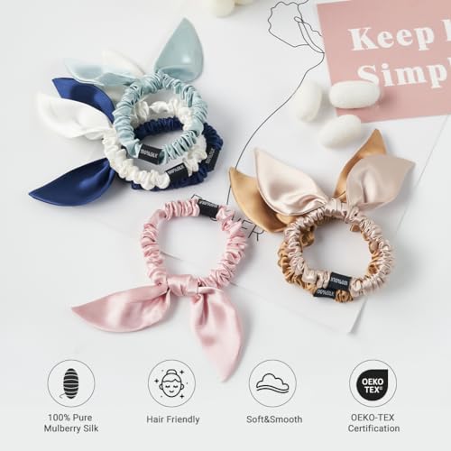 THXSILK Hair Silk Scrunchies with Bow for Women Pure Mulberry Silk Hair Cute Ring Ties Scrunchies for Girls Women's Thick Hair, Black, 2.8"