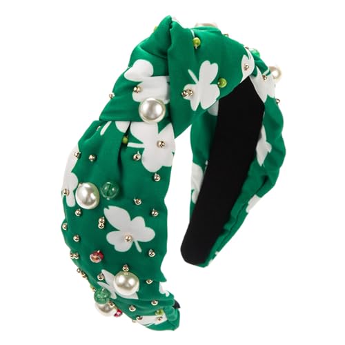 SHESRA St. Patrick Hair Bands Floral Fabric Pearls Glass Rhinestones Headband Women's Saint Patrick's Party Hair Hoop Accessories Headwear Jewelry Gifts 50(Green White)