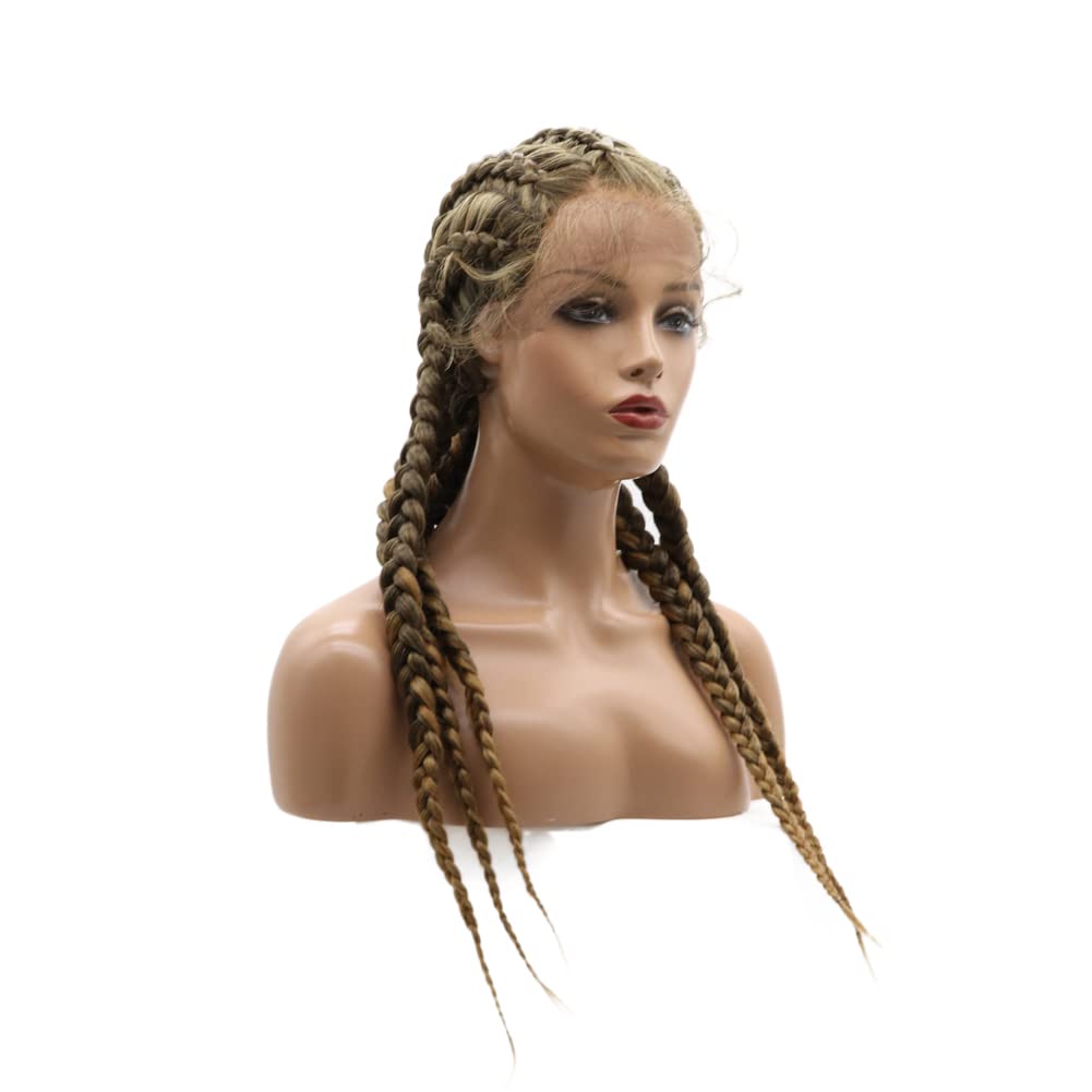 Kalisa Brown Mix Blonde 5 Twist Lace Front Braid Wig Mix Color with Baby Hair Synthetic Wigs Hand Tied Heat Resistant Fiber 5 Braided Daily Wigs for Women 24 Inch