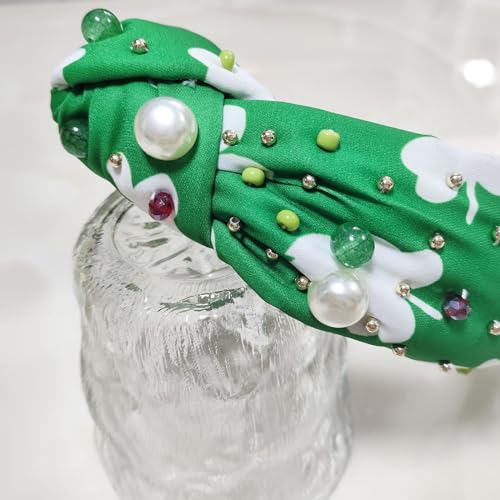 SHESRA St. Patrick Hair Bands Floral Fabric Pearls Glass Rhinestones Headband Women's Saint Patrick's Party Hair Hoop Accessories Headwear Jewelry Gifts 50(Green White)