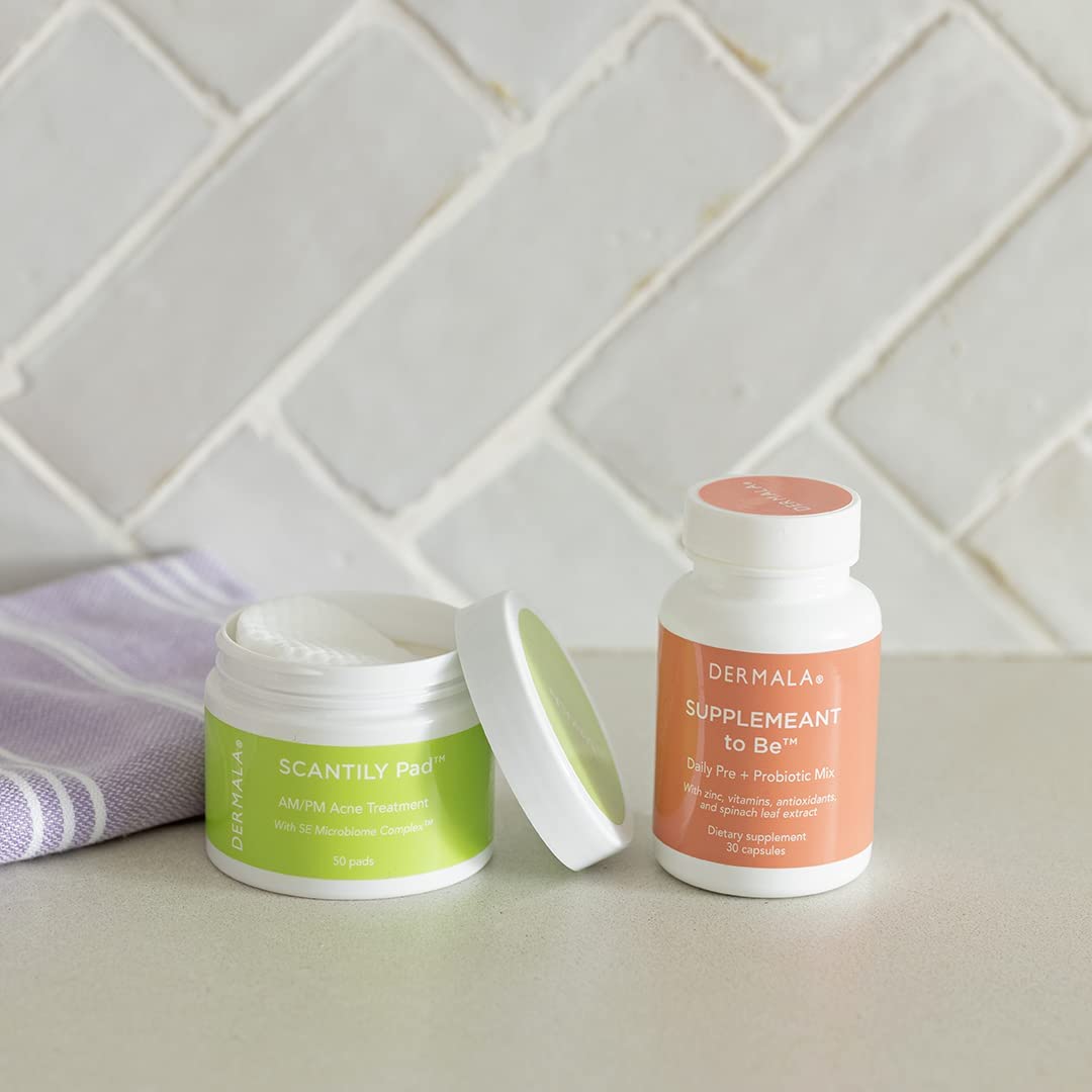 Dermala SUPPLEMEANT Prebiotic, Probiotic Skin Mix & Scantily Pad Acne Treatment Bundle