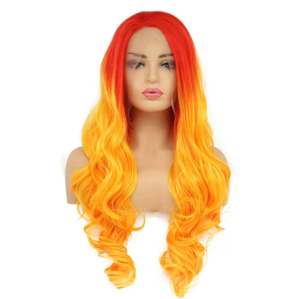 Yinuozhogntian 24" Bright Red Orange Ombre Color Wig Heat Resistant Synthetic Lace Front Wigs for Women Flame Red Female Cosplay Party Wigs Drag Queen
