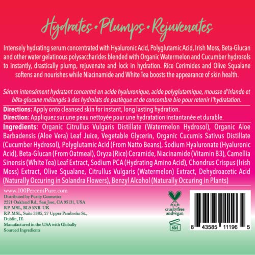 100% PURE Watermelon Cucumber Water Locking Serum for Face Moisturizing Glow Skin Care - Hyaluronic Acid Boost to Replenish Hydrate & Plump Dry Thirsty Skin, Vegan - 1.7 fl oz