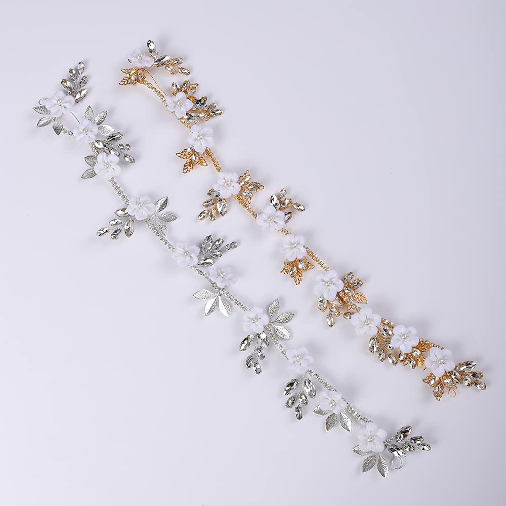 YERTTER Bridal White Flower Leaf Crystal Headband Wedding Crystal Floral Headband Pearl Hair Band Crystal Vine Rhinestone Headband Wedding Head Pieces for Women Bride Bridesmaid Flower Girl Prom Birthday Party (Style 2)