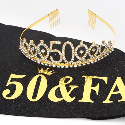Purple 50th Birthday Sash and Tiara for Women, 50th Birthday Decorations Women, 50th Birthday Sash and Crown Set, 50th Birthday Gifts for Women, Happy 50th Birthday Party Supplies