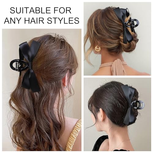 WOVOWOVO Black Bow Hair Clips, 2Pcs Bow-knot Hair Bows for Women Girls Large Claw Clips for Thick Thin Curly Hair Non-slip Satin Hair Bow Clips Elegant Hair Styling Accessories