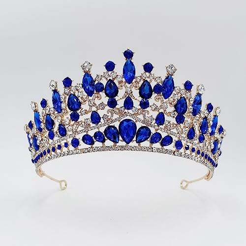 SH Metal Tiaras and Crowns for Women, Crystal Wedding Tiara for Bride, Rhinestone Queen Crown, Bridal Costume Hair Accessories for Birthday Prom Pageant Quinceanera Celebration, Blue