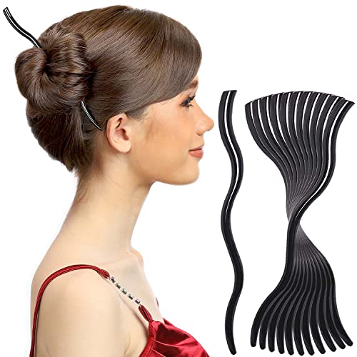 RC ROCHE ORNAMENT 12 Pcs Womens Hair Curved Spiral Chignon Bun Maker Updo Décor Beauty Fashion Accessories Hairpin Shawl Pin Pick Fork Chopstick Stick, Medium Black