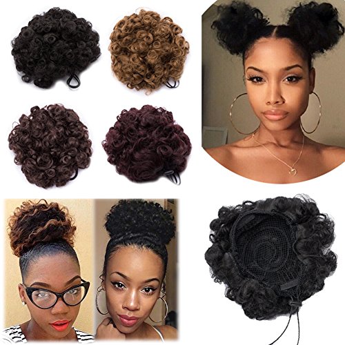 Benehair Messy Bun Hair Piece Afro Puff Drawstring Updo Kinky Curly Scrunchy Hair Bun Ponytail Puff Chignon Extensions Thick Fluffy Hairpiece with 2 Clips for Black Women Dark Black Medium Size