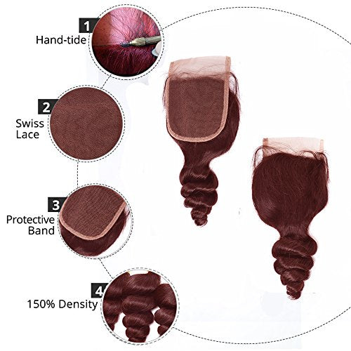 99J Burgundy Loose Deep Wave Human Hair Wefts 3 Bundles With 4x4 Lace Closure Brazilian Hair Extentions Red Wine Color Free Part 4x4 Hand tied Lace Closure (10"12"14"+10"closure, Burgundy/99J)