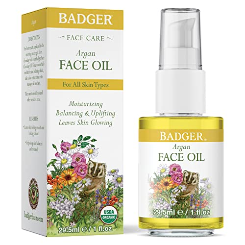 Badger Argan Face Oil, Certified Organic Moisturizing Facial Oil, Waterless Face Moisturizer, 1 oz Glass Bottle