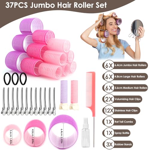 WALLFID Hair Roller Set 37 Pcs, Includes 18 Velcro Curling Irons, 2 Volumizing Clips, 12 Clips, 1 Rat Tail Comb, 1 Spray Bottle & 3 Rubber Bands, for Medium to Long Short Hair, No Heat
