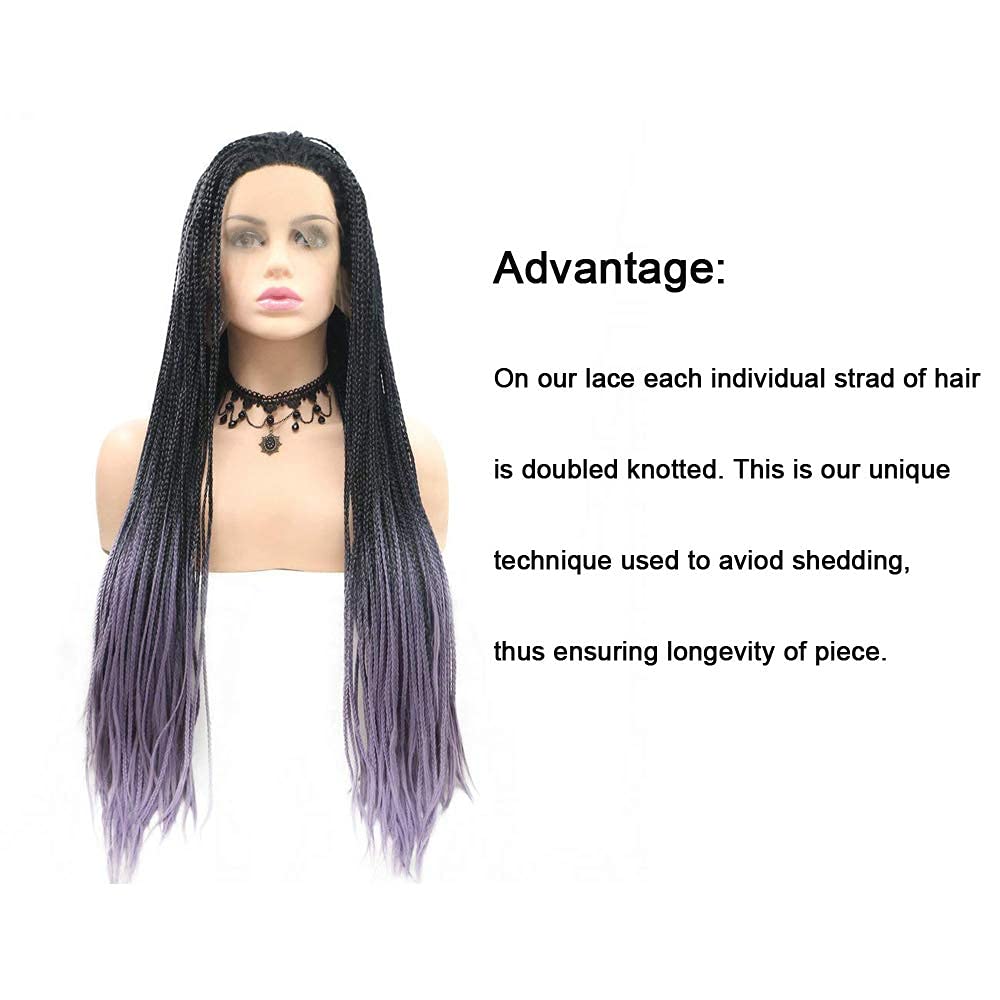 Braided Wigs Long Black Purple Lavender Box Braided Lace Front Wig for African American Women Free Part Soft Natural Hairline Realistic Drag Queen Wigs Festival Holiday Cosplay Daily 26 Inch