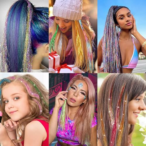 SOYZMYX 12PCS Tinsel Hair Extensions Glitter Hair Extension Clip in Gold Sparkling Fairy Hair Tinsel Kit Shiny Highlights Colorful Heat Resistant Hair Accessories for Girls New Year Party(Blue+Purple)